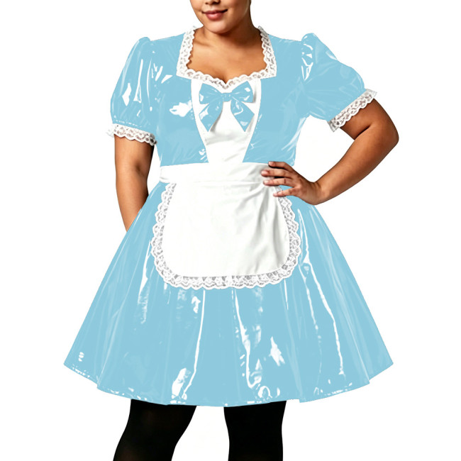 Plus Size Women Shiny PVC Maid Uniforms Glossy Puff Short Sleeve Lace Trim Bow A-line Dress with Apron Sissy Cosplay Costume 7XL