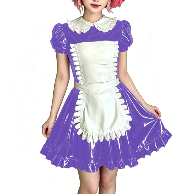 Womens Sweet Party Vinyl Maid Uniform Shiny PVC Puff Sleeve Peter Pan Collar Mini Dress with Apron Halloween Cosplay Costume 7XL