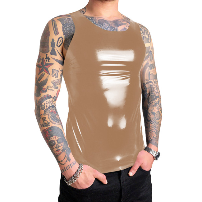 Mens PVC Vinyl Leather Tank Tops Glossy Vest T-Shirts Sleeveless Male Wetlook Zipper Back O-neck Slim Vest Nightclub Costumes