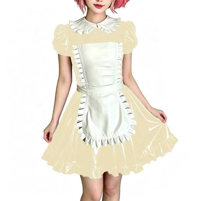 Womens Sweet Party Vinyl Maid Uniform Shiny PVC Puff Sleeve Peter Pan Collar Mini Dress with Apron Halloween Cosplay Costume 7XL
