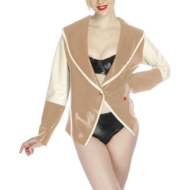 Punk Gothic Color Block Lapel Collar Jackets Shiny PVC Long Sleeve One Button Open Front Blazer Jacket Cosplay Nightclub Costume