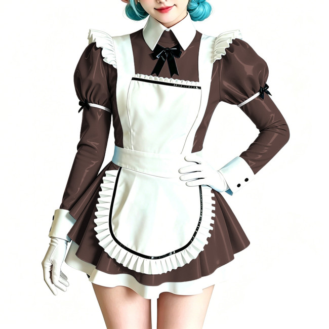Womens Sweet Party Vinyl Maid Uniform Shiny PVC Puff Sleeve Peter Pan Collar Mini Dress with Apron Halloween Cosplay Costume 7XL