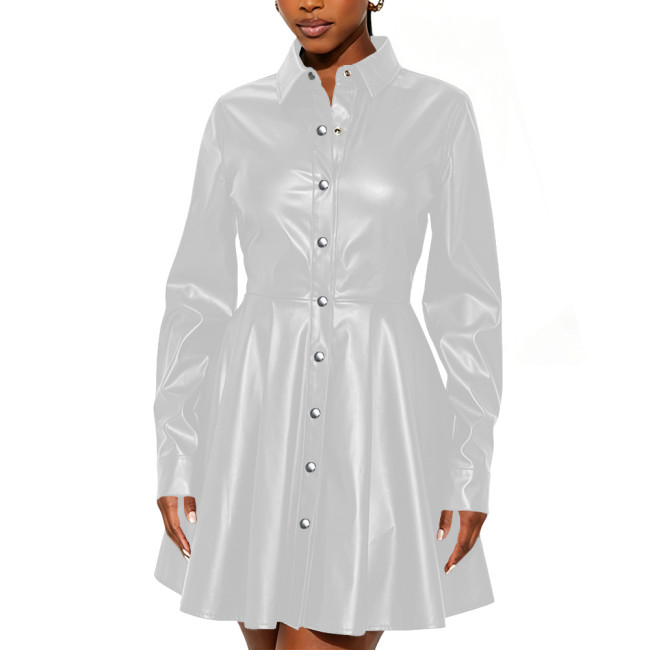 Women Long Sleeve Turn-Down Collar Mini Dress High Street Faux Leather Flared Hem Short Gown Female Buttons Party Shirt Dress
