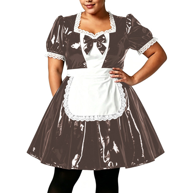 Plus Size Women Shiny PVC Maid Uniforms Glossy Puff Short Sleeve Lace Trim Bow A-line Dress with Apron Sissy Cosplay Costume 7XL