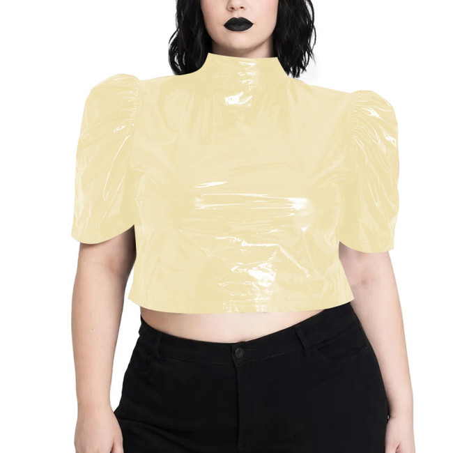 Shiny PVC Puff Sleeve Crop Blouse High Neck Open Back Lace-Up Short T-shirts Nightclub Hollow Out Bandage Crop Top Streetwear
