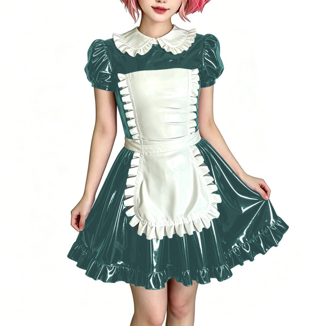 Womens Sweet Party Vinyl Maid Uniform Shiny PVC Puff Sleeve Peter Pan Collar Mini Dress with Apron Halloween Cosplay Costume 7XL