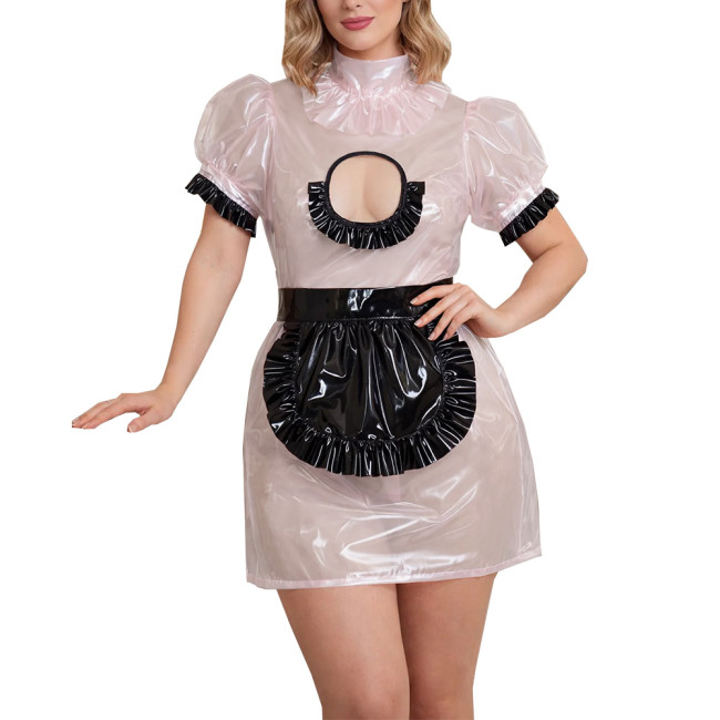 Lockable Sexy Bodycon Maid Uniforms High Neck Fetish Clear PVC Chest Cutout Mini Pencil Dress with Apron Novetly Cosplay Outfits