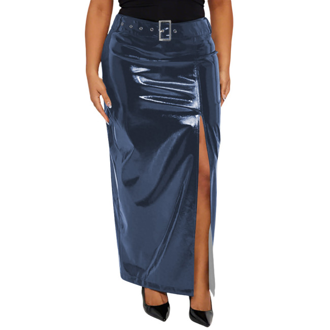 Plus Size Vinyl PVC Leather Belted Long Skirt for Womens Punk Style High Waist Faux Patent Leather Maxi Skirts Fashion Clubtwear