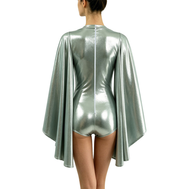 Shiny Cape Sleeves Liquid Metallic Bodysuit Themed Party V-Neck Leotard Halloween Cosplay Rave Show Clubwear Sissy Sexy Rompers