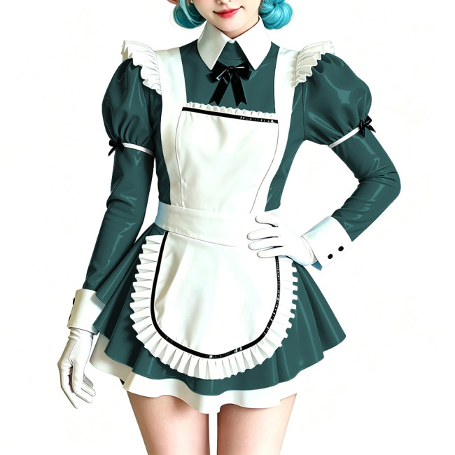 Womens Sweet Party Vinyl Maid Uniform Shiny PVC Puff Sleeve Peter Pan Collar Mini Dress with Apron Halloween Cosplay Costume 7XL