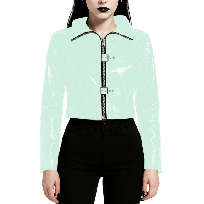 Plus Size Wet PVC Leather Cropped Jacket Long Sleeve Collared Top with Front Zipper Fashion Buckle Glossy Biker Style Short Coat