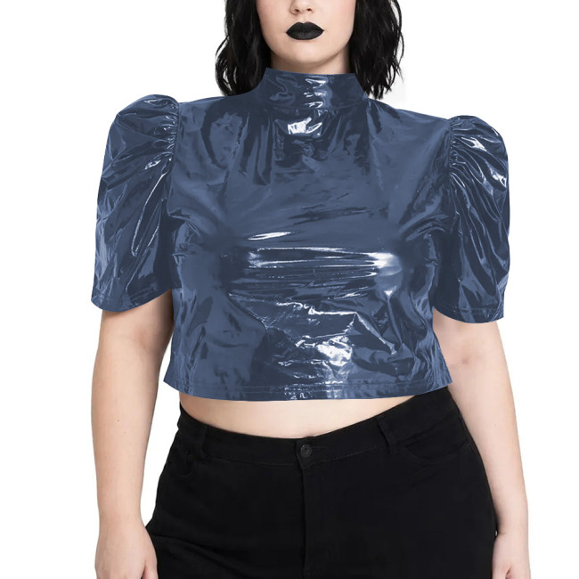 Shiny PVC Puff Sleeve Crop Blouse High Neck Open Back Lace-Up Short T-shirts Nightclub Hollow Out Bandage Crop Top Streetwear