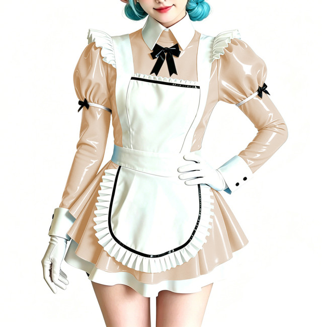 Womens Sweet Party Vinyl Maid Uniform Shiny PVC Puff Sleeve Peter Pan Collar Mini Dress with Apron Halloween Cosplay Costume 7XL