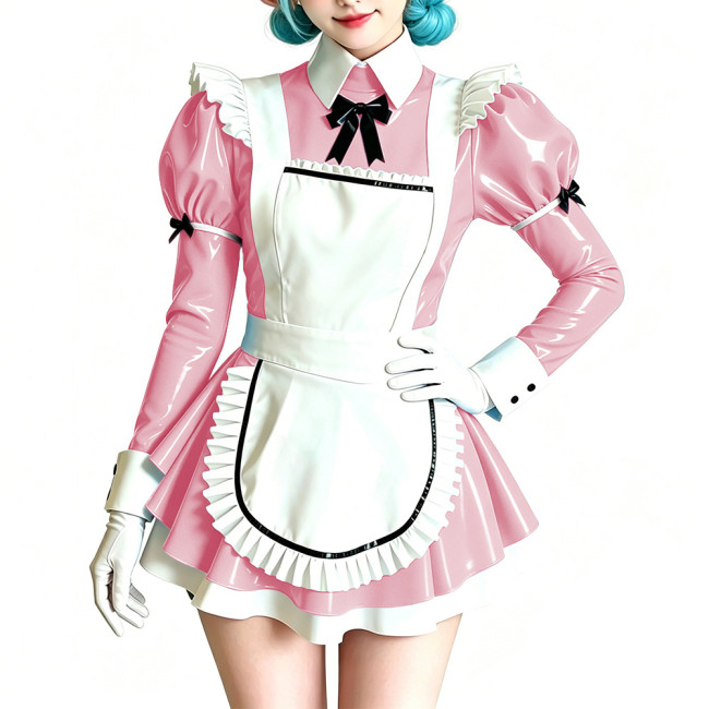 Womens Sweet Party Vinyl Maid Uniform Shiny PVC Puff Sleeve Peter Pan Collar Mini Dress with Apron Halloween Cosplay Costume 7XL