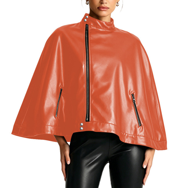 Matte Faux Leather Cape Coat for Women High Neck Side Zipper Short Poncho Jacket Party Punk Style Sleeveless Ponchos Clubwear