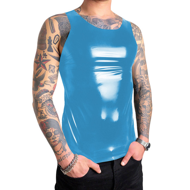 Mens PVC Vinyl Leather Tank Tops Glossy Vest T-Shirts Sleeveless Male Wetlook Zipper Back O-neck Slim Vest Nightclub Costumes