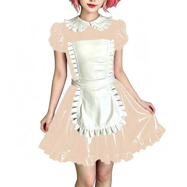 Womens Sweet Party Vinyl Maid Uniform Shiny PVC Puff Sleeve Peter Pan Collar Mini Dress with Apron Halloween Cosplay Costume 7XL