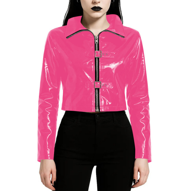 Plus Size Wet PVC Leather Cropped Jacket Long Sleeve Collared Top with Front Zipper Fashion Buckle Glossy Biker Style Short Coat