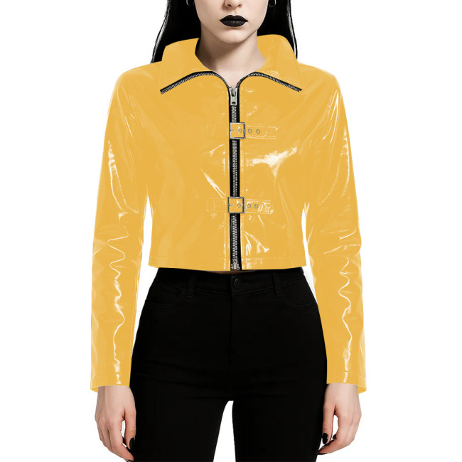 Plus Size Wet PVC Leather Cropped Jacket Long Sleeve Collared Top with Front Zipper Fashion Buckle Glossy Biker Style Short Coat