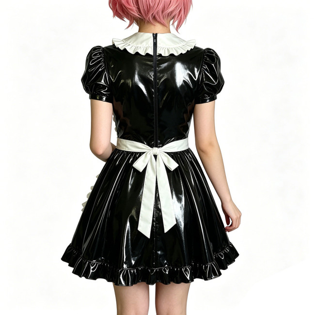Womens Sweet Party Vinyl Maid Uniform Shiny PVC Puff Sleeve Peter Pan Collar Mini Dress with Apron Halloween Cosplay Costume 7XL