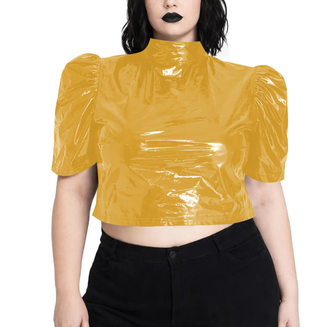 Shiny PVC Puff Sleeve Crop Blouse High Neck Open Back Lace-Up Short T-shirts Nightclub Hollow Out Bandage Crop Top Streetwear