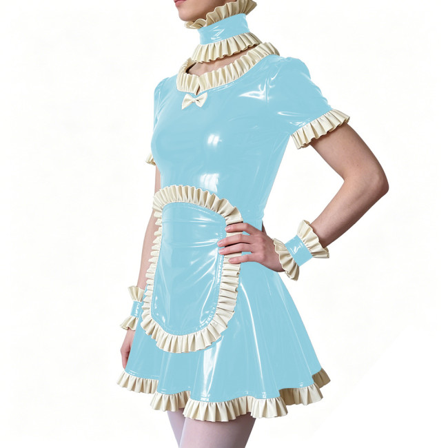 Sissy Ruffles Trim French Maid Dress with Apron Choker Wrist Cuffs Glossy PVC Leather Party Carnival Role Play Maid Uniforms 7XL