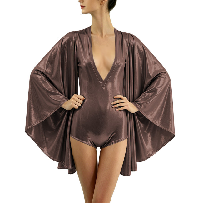 Shiny Cape Sleeves Liquid Metallic Bodysuit Themed Party V-Neck Leotard Halloween Cosplay Rave Show Clubwear Sissy Sexy Rompers