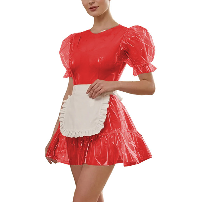 Exotic Transparent PVC Maid Dress Outfits Lockable Puff Sleeve A-line Mini Dress with Apron Sexy Halloween Cosplay Party Costume