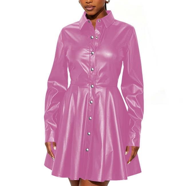 Women Long Sleeve Turn-Down Collar Mini Dress High Street Faux Leather Flared Hem Short Gown Female Buttons Party Shirt Dress
