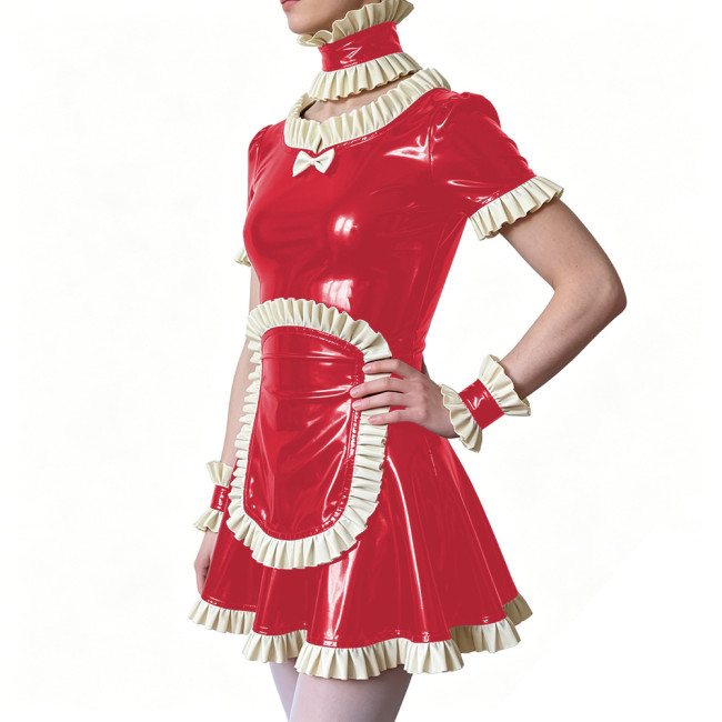 Sissy Ruffles Trim French Maid Dress with Apron Choker Wrist Cuffs Glossy PVC Leather Party Carnival Role Play Maid Uniforms 7XL