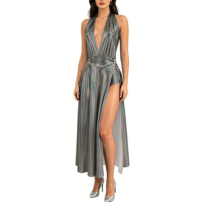 Shiny Holographic Laser Halter Bodysuit with High Slit Long Skirts Elegant Sexy Clubwear Deep V-Neck Open-Back Party Gown Outfit