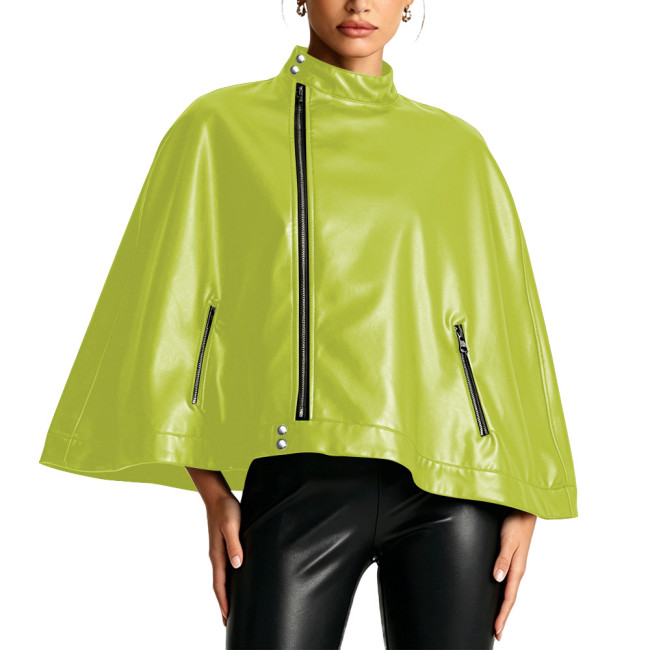 Matte Faux Leather Cape Coat for Women High Neck Side Zipper Short Poncho Jacket Party Punk Style Sleeveless Ponchos Clubwear