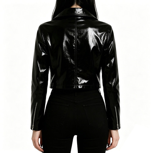 Plus Size Wet PVC Leather Cropped Jacket Long Sleeve Collared Top with Front Zipper Fashion Buckle Glossy Biker Style Short Coat