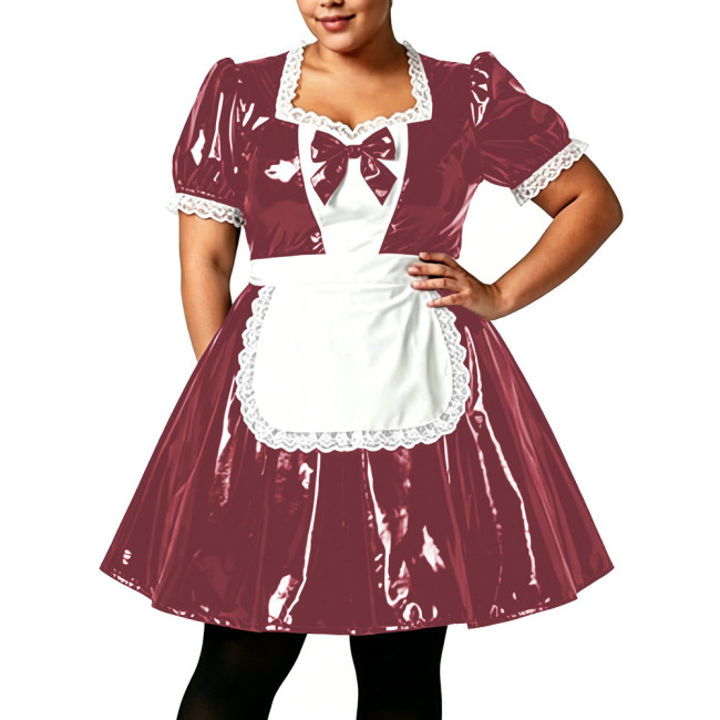 Plus Size Women Shiny PVC Maid Uniforms Glossy Puff Short Sleeve Lace Trim Bow A-line Dress with Apron Sissy Cosplay Costume 7XL