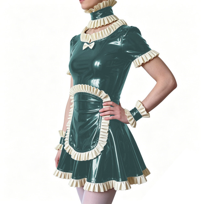Sissy Ruffles Trim French Maid Dress with Apron Choker Wrist Cuffs Glossy PVC Leather Party Carnival Role Play Maid Uniforms 7XL
