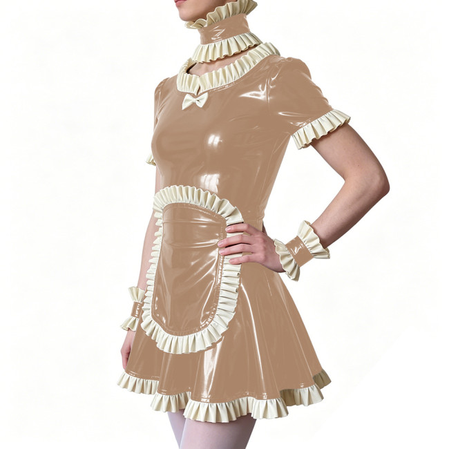 Sissy Ruffles Trim French Maid Dress with Apron Choker Wrist Cuffs Glossy PVC Leather Party Carnival Role Play Maid Uniforms 7XL