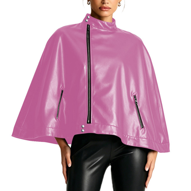 Matte Faux Leather Cape Coat for Women High Neck Side Zipper Short Poncho Jacket Party Punk Style Sleeveless Ponchos Clubwear