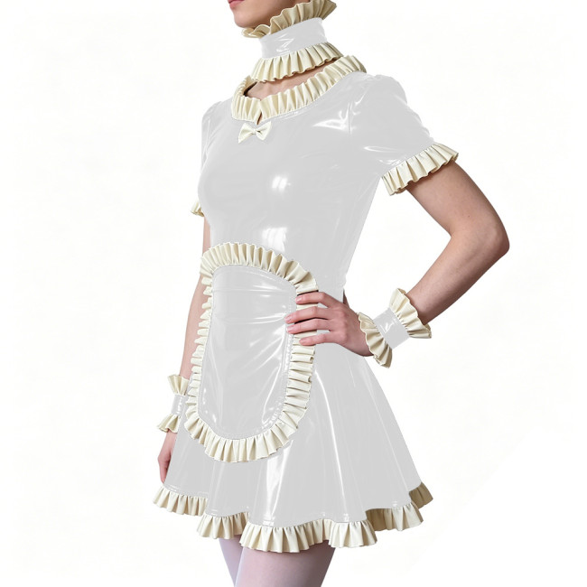 Sissy Ruffles Trim French Maid Dress with Apron Choker Wrist Cuffs Glossy PVC Leather Party Carnival Role Play Maid Uniforms 7XL