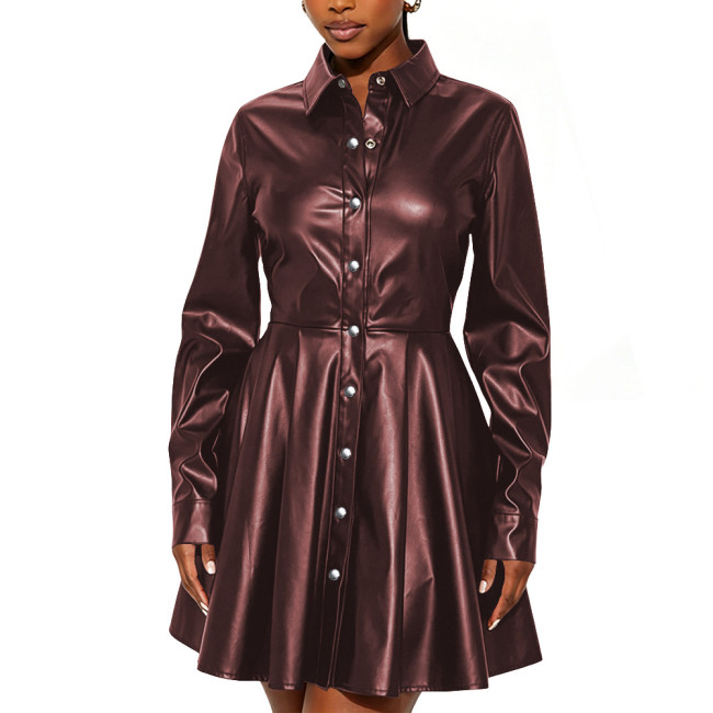 Women Long Sleeve Turn-Down Collar Mini Dress High Street Faux Leather Flared Hem Short Gown Female Buttons Party Shirt Dress
