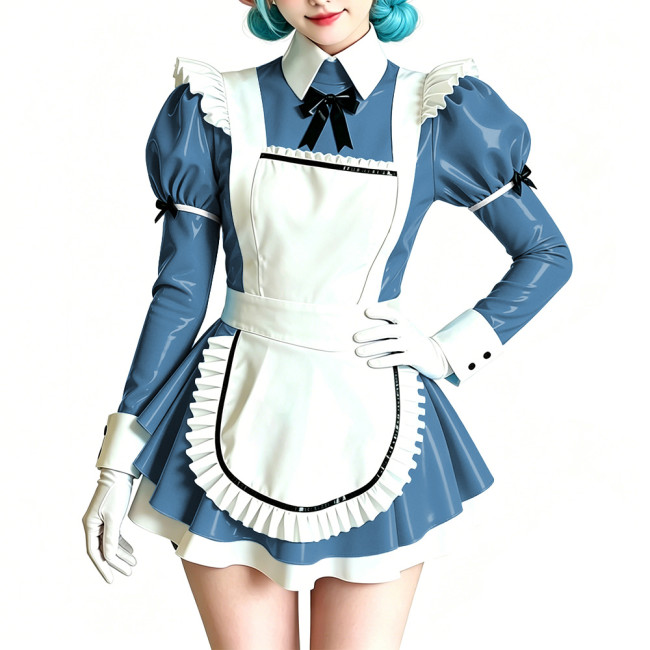 Womens Sweet Party Vinyl Maid Uniform Shiny PVC Puff Sleeve Peter Pan Collar Mini Dress with Apron Halloween Cosplay Costume 7XL