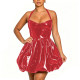 Shiny Vinyl Leather Halter Neck Mini Puff Dress Glossy PVC Backless Zipper Flared Short Dress Womens Sexy Sleeveless Party Gown