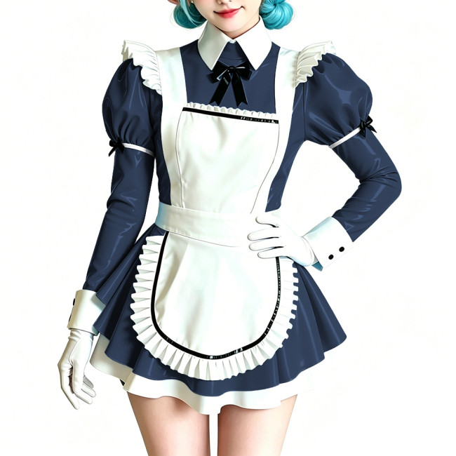 Womens Sweet Party Vinyl Maid Uniform Shiny PVC Puff Sleeve Peter Pan Collar Mini Dress with Apron Halloween Cosplay Costume 7XL