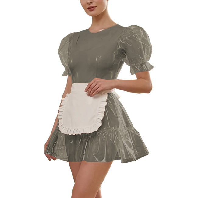 Exotic Transparent PVC Maid Dress Outfits Lockable Puff Sleeve A-line Mini Dress with Apron Sexy Halloween Cosplay Party Costume