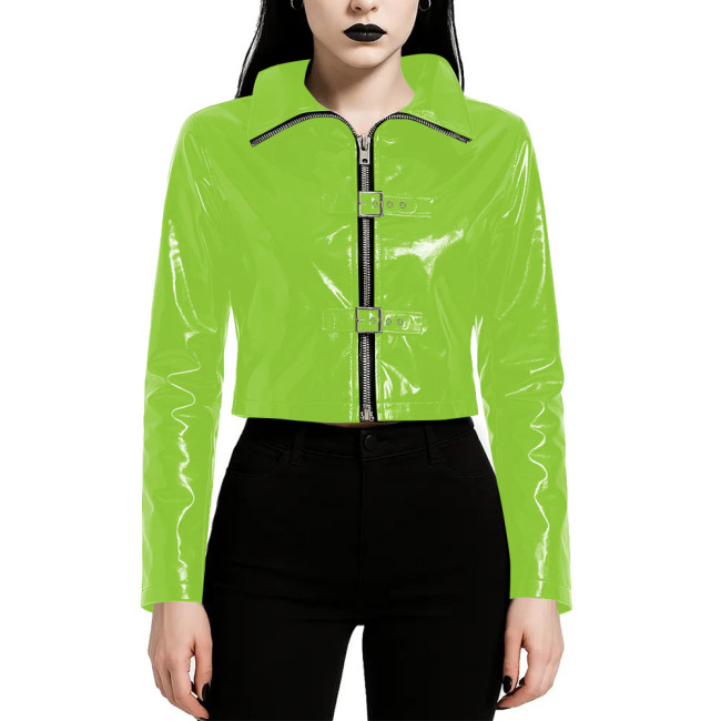 Plus Size Wet PVC Leather Cropped Jacket Long Sleeve Collared Top with Front Zipper Fashion Buckle Glossy Biker Style Short Coat