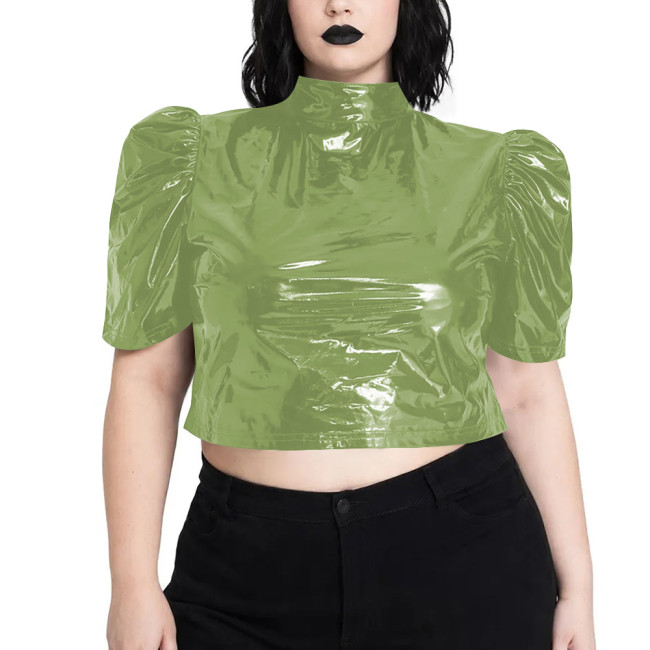Shiny PVC Puff Sleeve Crop Blouse High Neck Open Back Lace-Up Short T-shirts Nightclub Hollow Out Bandage Crop Top Streetwear