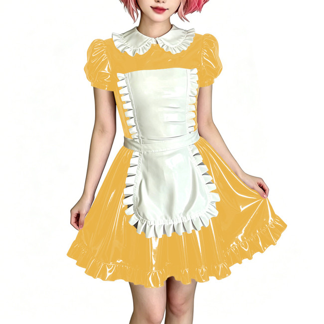 Womens Sweet Party Vinyl Maid Uniform Shiny PVC Puff Sleeve Peter Pan Collar Mini Dress with Apron Halloween Cosplay Costume 7XL