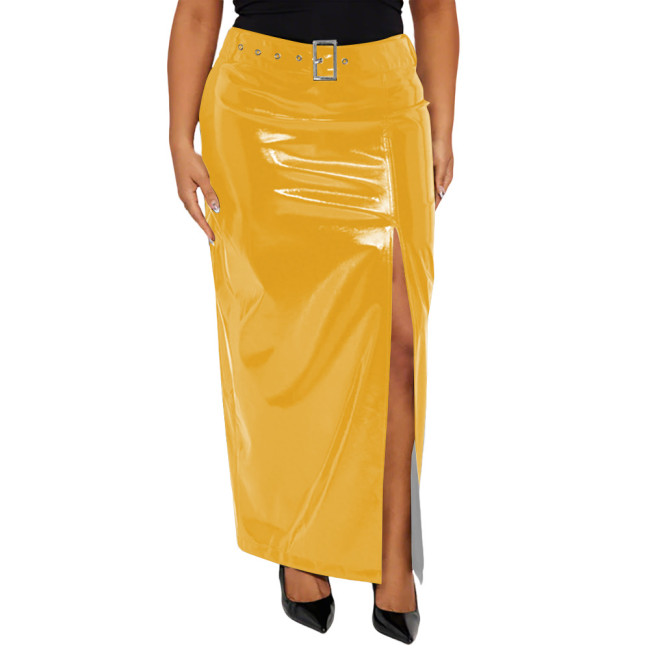 Plus Size Vinyl PVC Leather Belted Long Skirt for Womens Punk Style High Waist Faux Patent Leather Maxi Skirts Fashion Clubtwear