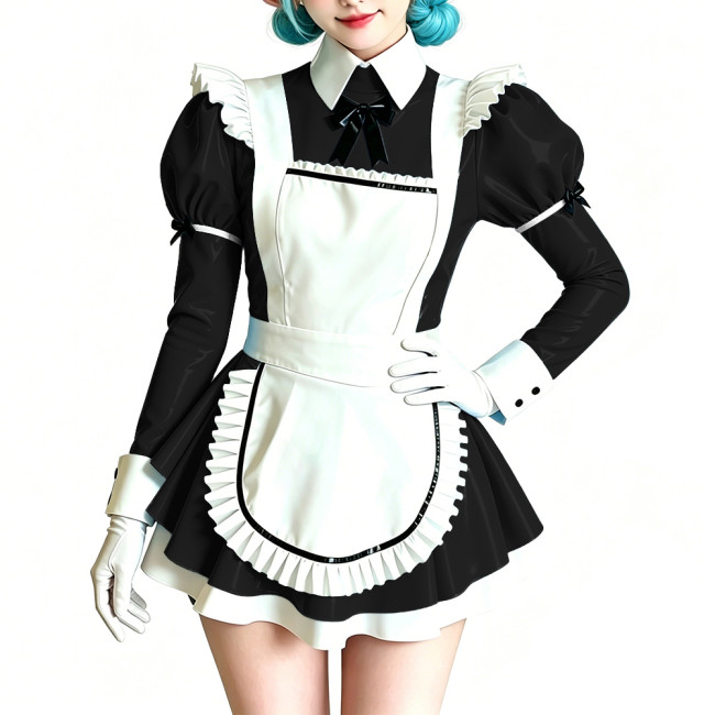 Womens Sweet Party Vinyl Maid Uniform Shiny PVC Puff Sleeve Peter Pan Collar Mini Dress with Apron Halloween Cosplay Costume 7XL