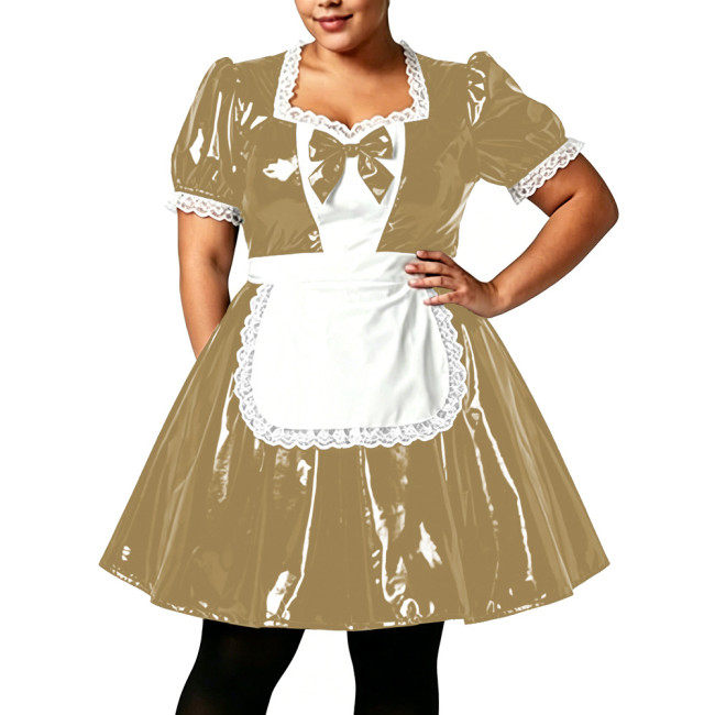 Plus Size Women Shiny PVC Maid Uniforms Glossy Puff Short Sleeve Lace Trim Bow A-line Dress with Apron Sissy Cosplay Costume 7XL