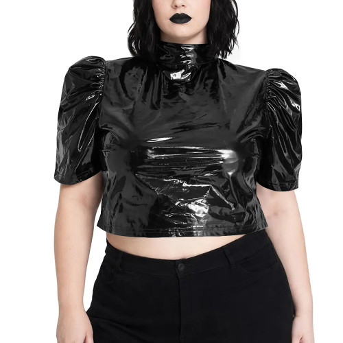 Shiny PVC Puff Sleeve Crop Blouse High Neck Open Back Lace-Up Short T-shirts Nightclub Hollow Out Bandage Crop Top Streetwear
